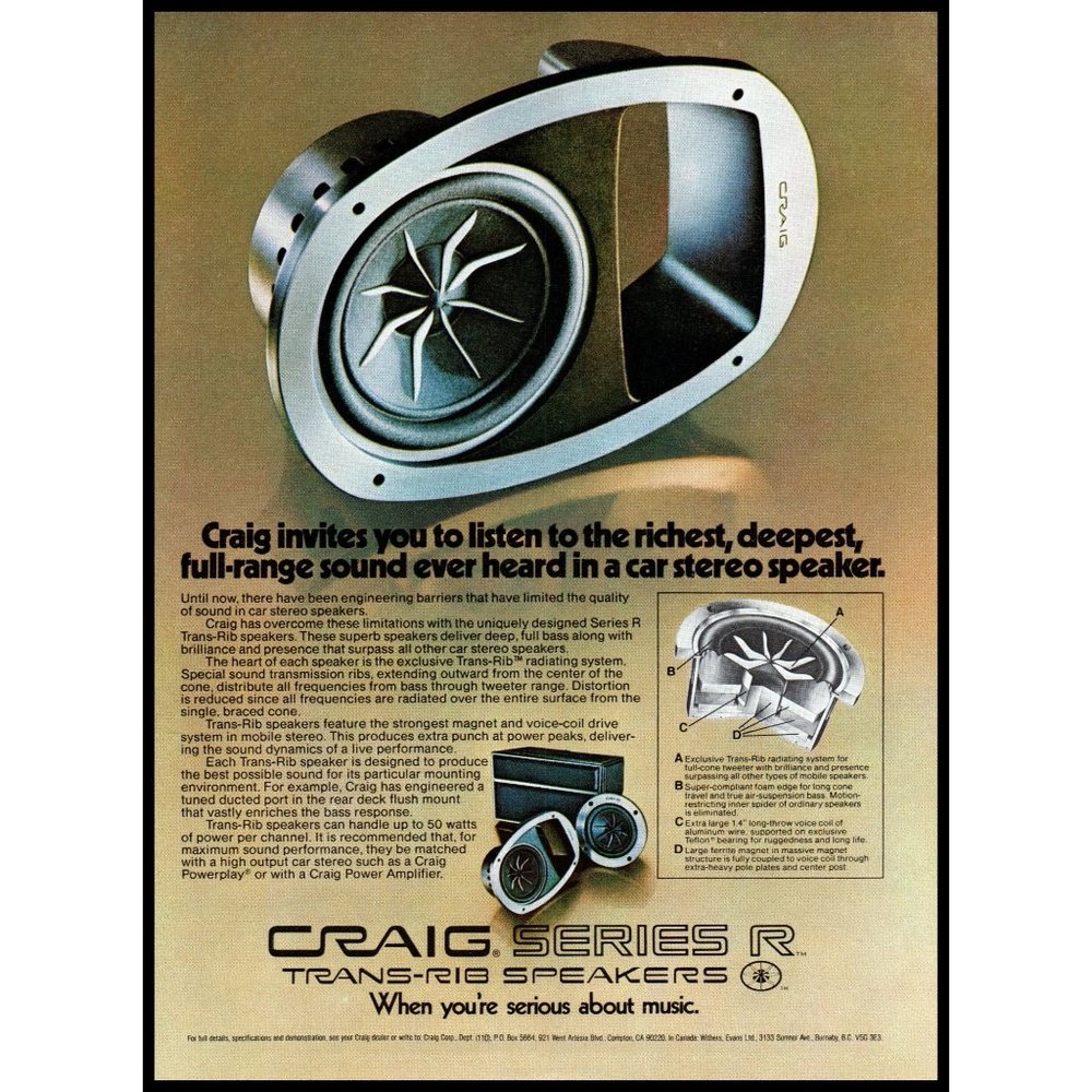 1977 Craig Car Audio Stereo Trans-Rib Speakers Vintage Print Ad Wall Art Photo